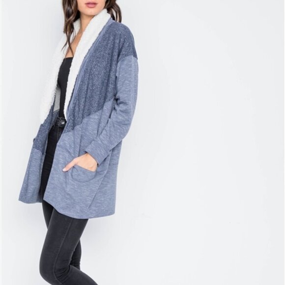 Hummingbird Long Sleeve Navy Cardigan Fuzzy Collar - Navy Blue - Patchwork - Picture 12 of 12